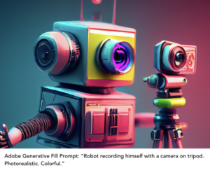 Adobe Generative Fill Prompt: Robot recording himself with camera on tripod. Photorealistic. Colorful.
